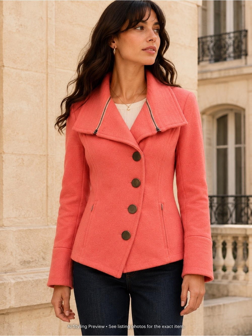 Inspired Style Coral Pink 100% Wool Asymmetrical Jacket Size 12